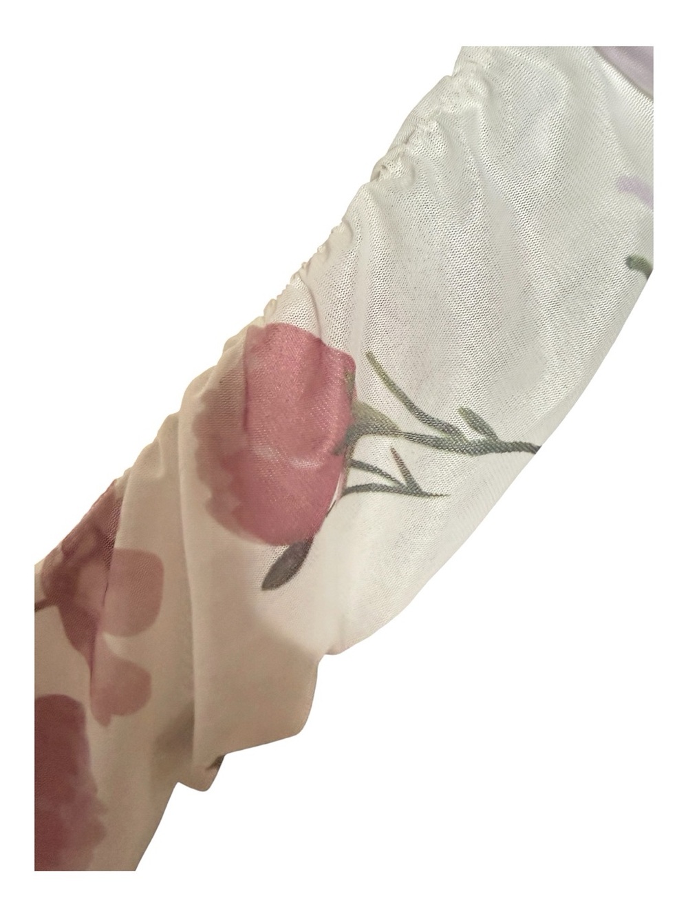 M7 Bella Barnett NWT Floral One-Shoulder Ruched Midi Dress Medium Sheer Sleeve - Picture 5 of 8